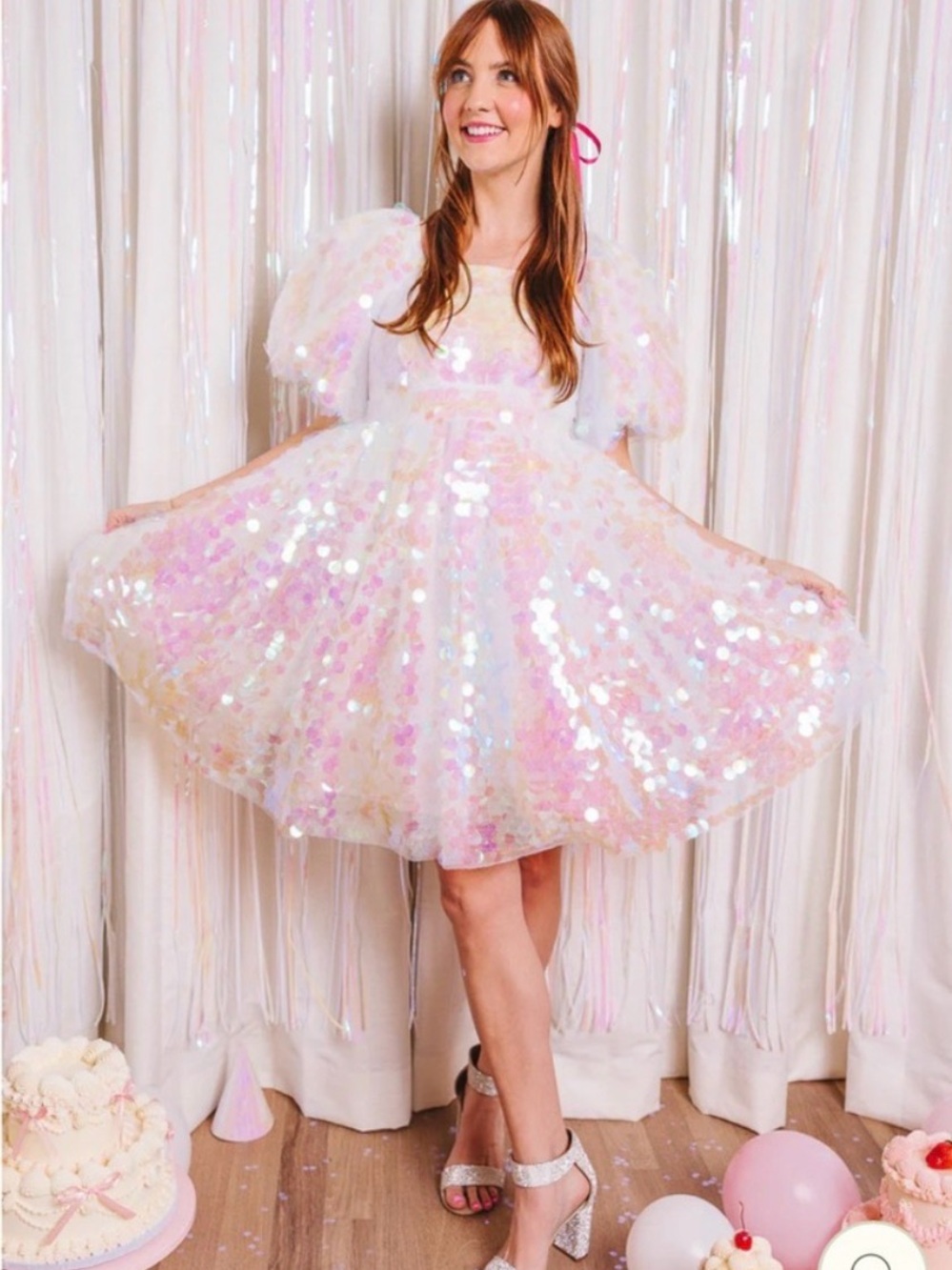 Ivy City Co Iridescent Sequin Pink Tulle Puff Sleeve Dress